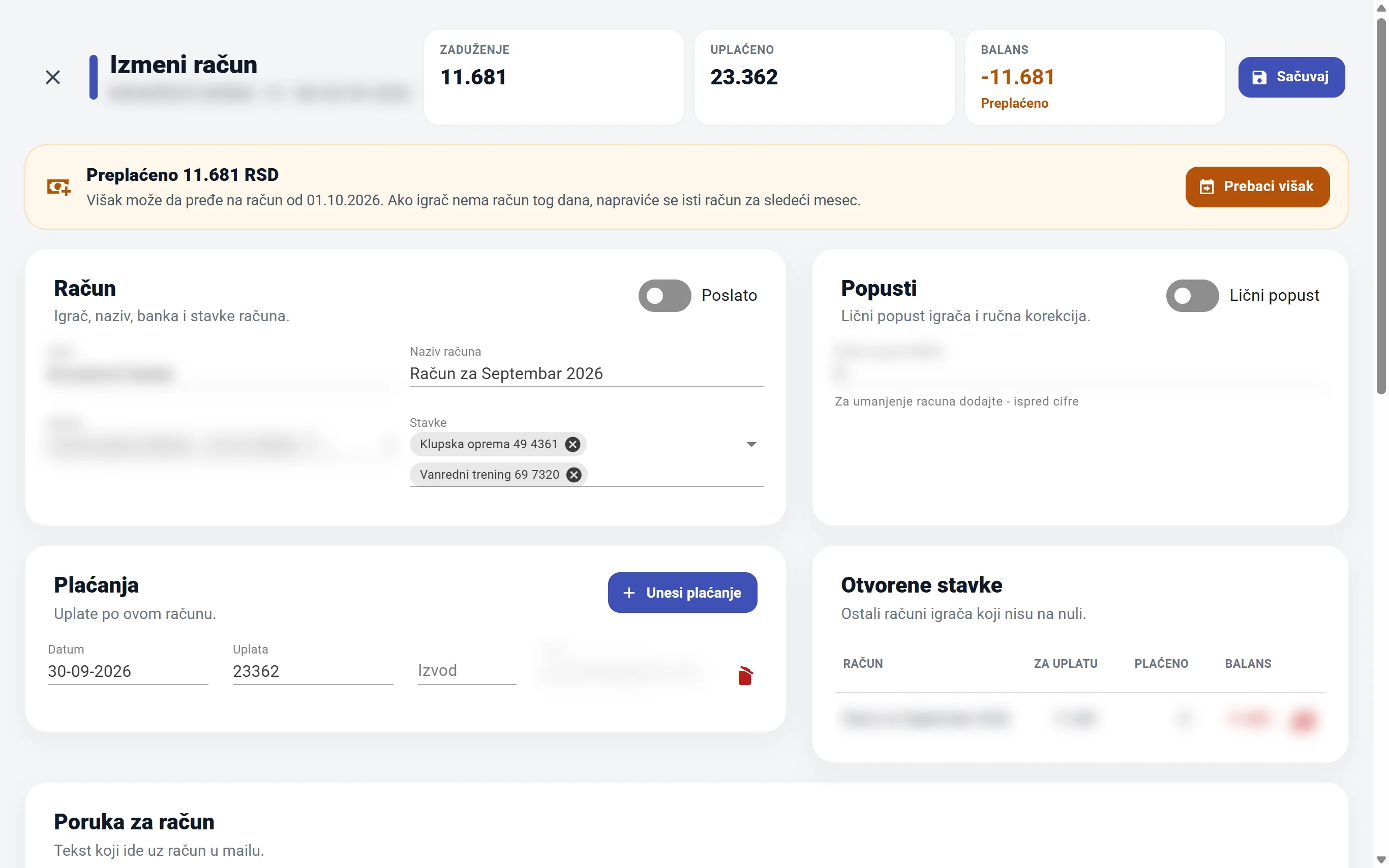Račun sa preplatom i dugmetom „Prebaci višak“ u VirtuAdmin-u