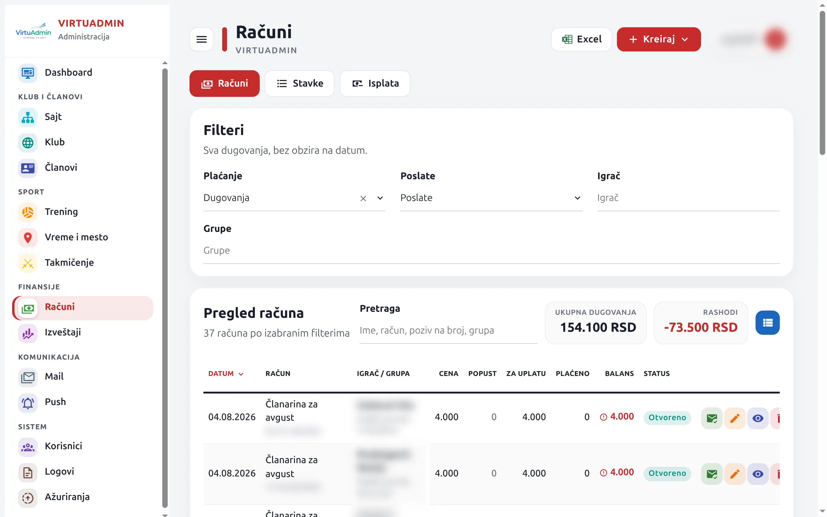 Računi u VirtuAdmin-u: meni u grupama i lista računa