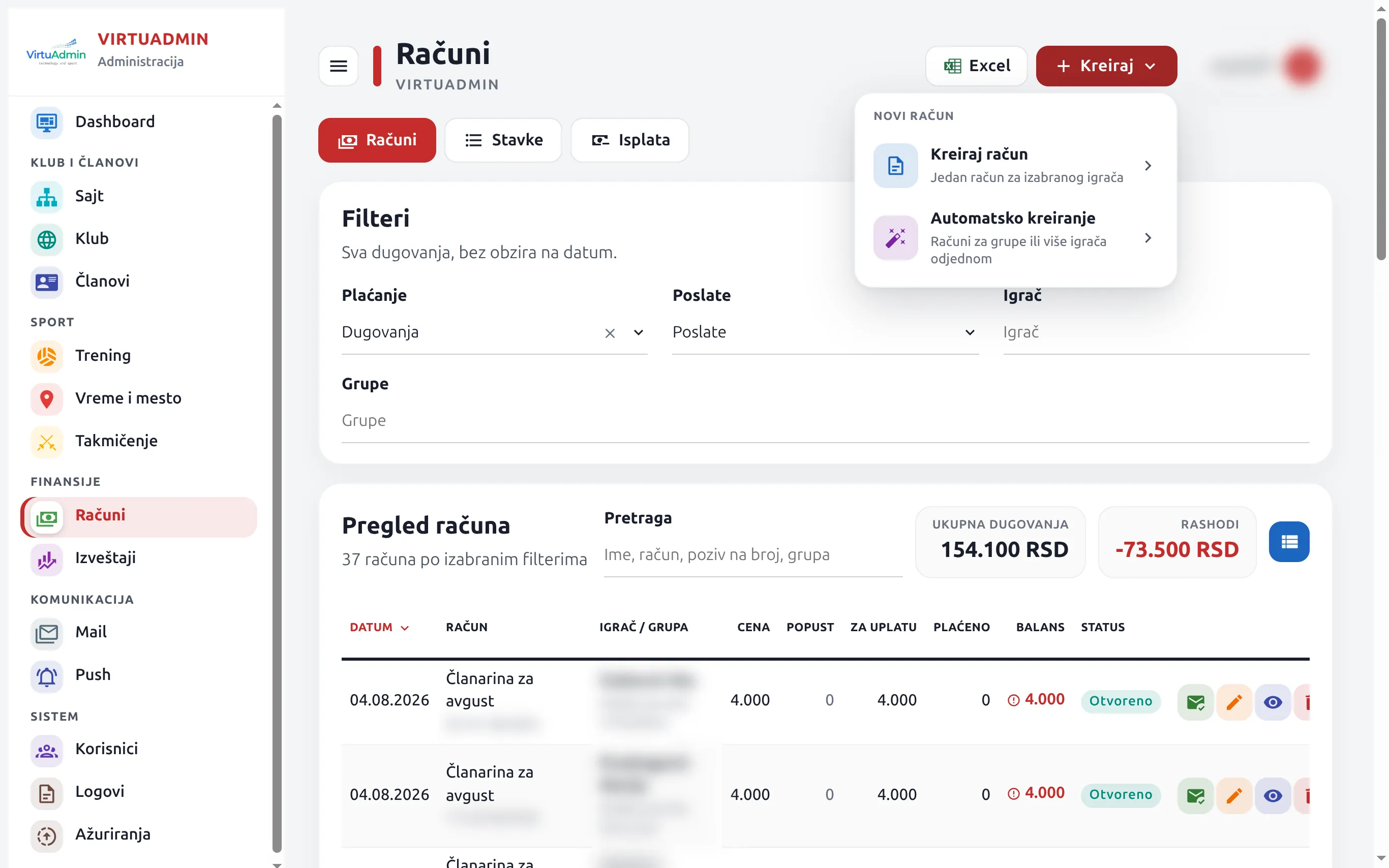Meni Kreiraj u VirtuAdmin-u: jedan račun ili računi za celu grupu