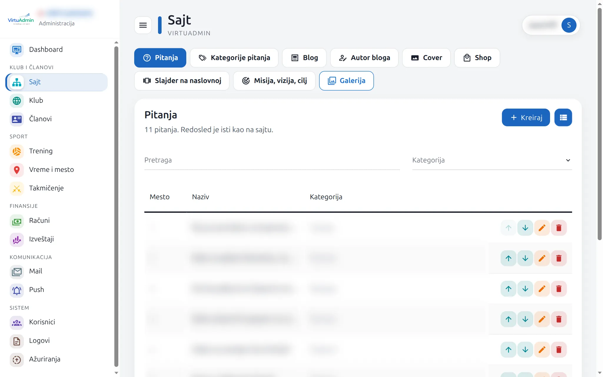 FAQs in the new VirtuAdmin admin: the list and order