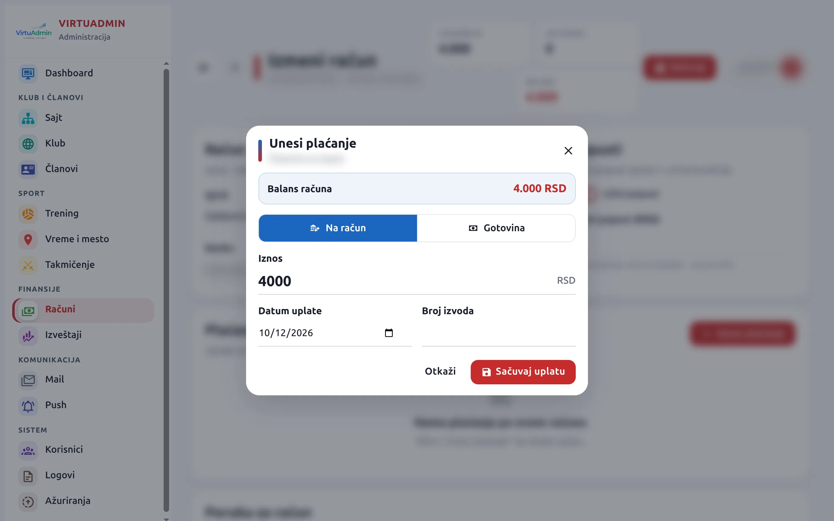 Prozor za unos uplate u VirtuAdmin-u: ostatak duga, način plaćanja, iznos i datum